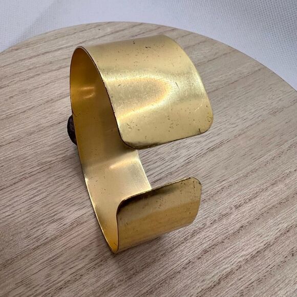 Agate slice stone handmade artisan gold tone adjustable wide cuff bracelet - Picture 11 of 12
